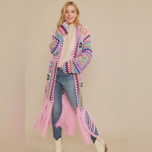Sweet Generis M/L Pink Multi Crochet Fringe Cardigan Grannycore Cottagecore